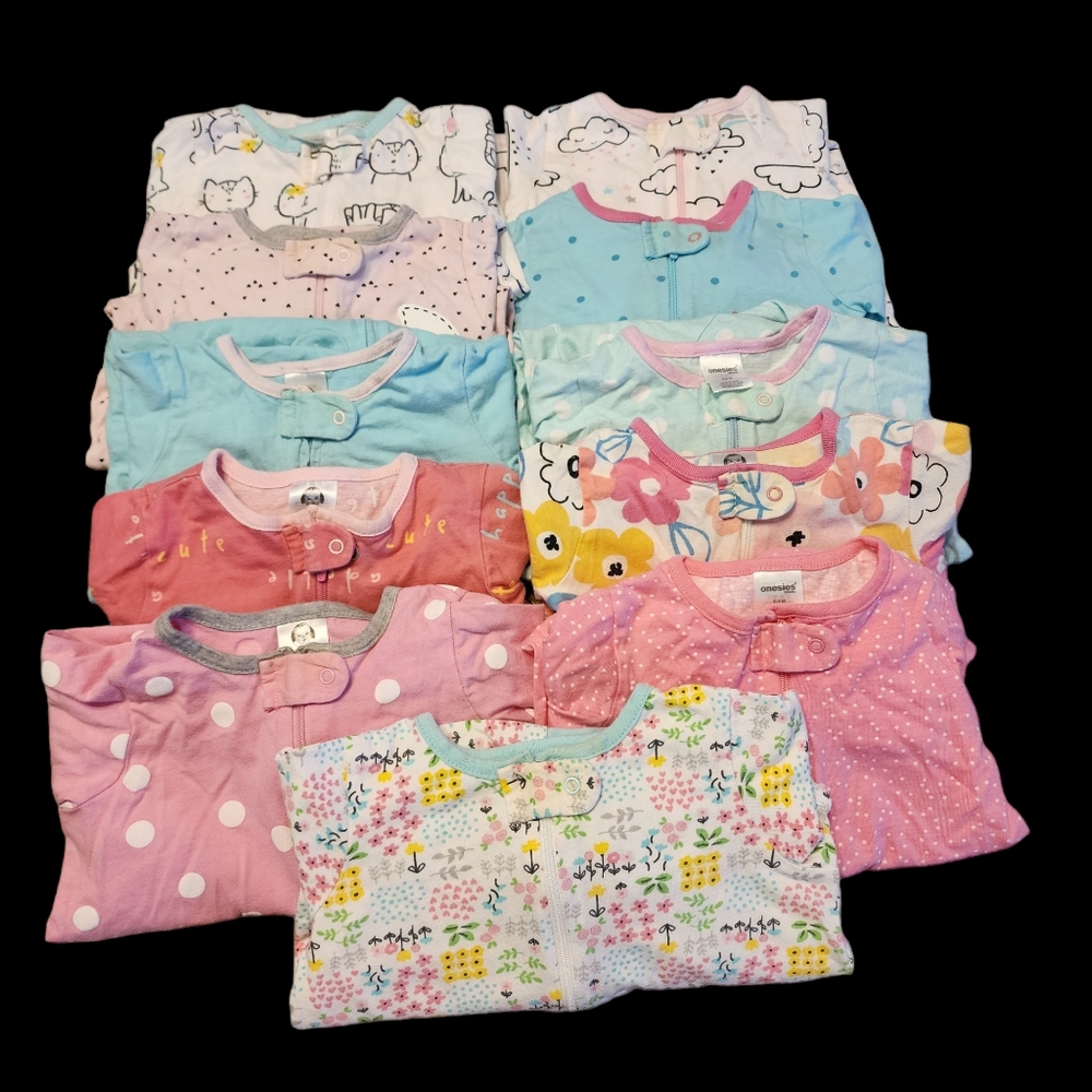 Lot of 11 Baby Girl Long Sleeve Footie Sleepers